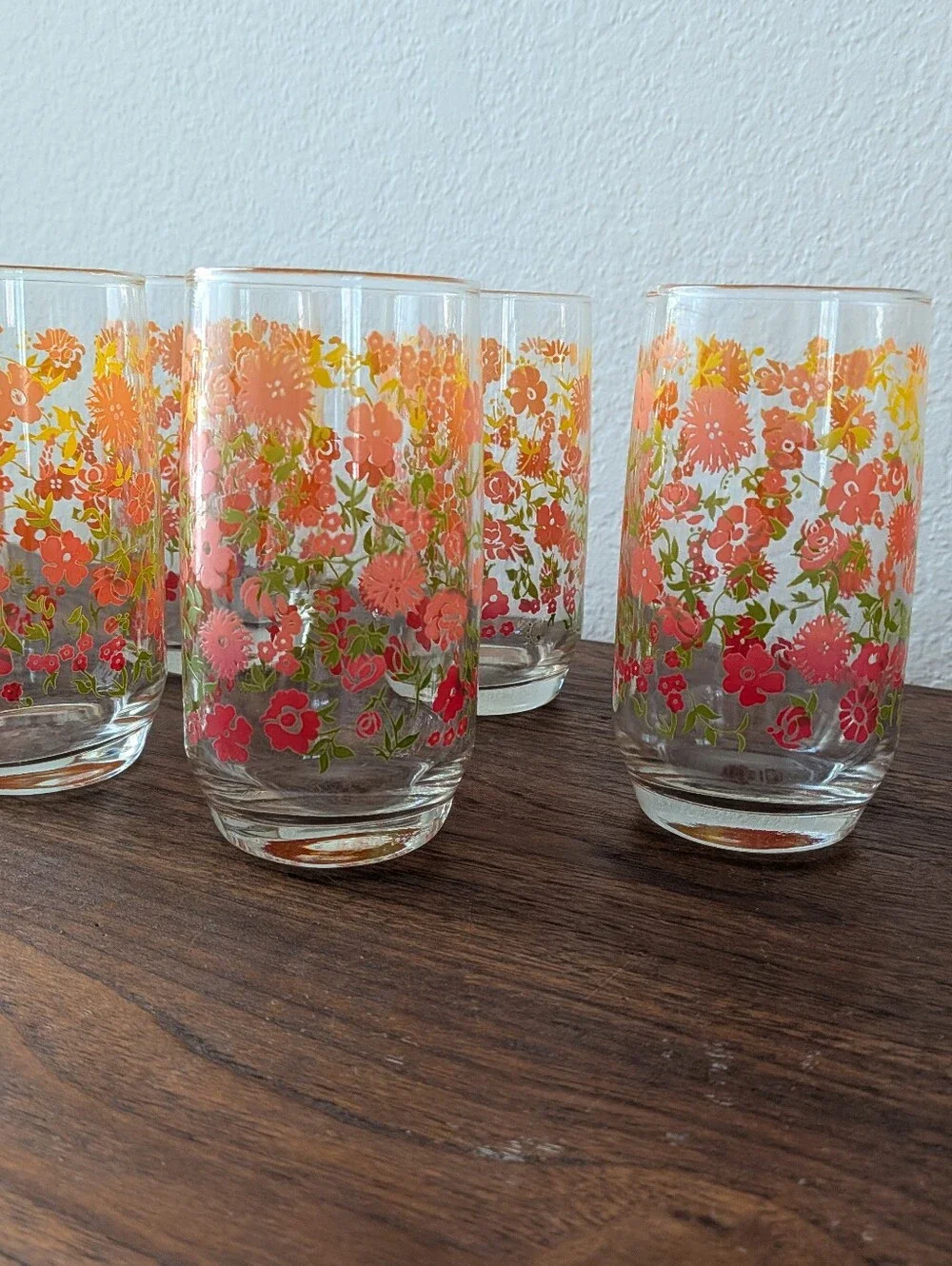 Set of 6 Retro Anchor Hocking Floral Tumblers Juice Glasses Orange Red Yellow